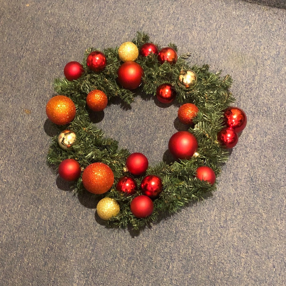 Festive Green Christmas Wreath with Red & Gold Ornaments